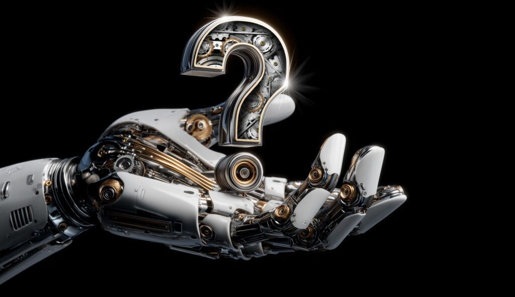 Robot Hand Holding a Metallic Question Mark Isolated on a Black Background - Generative Ai